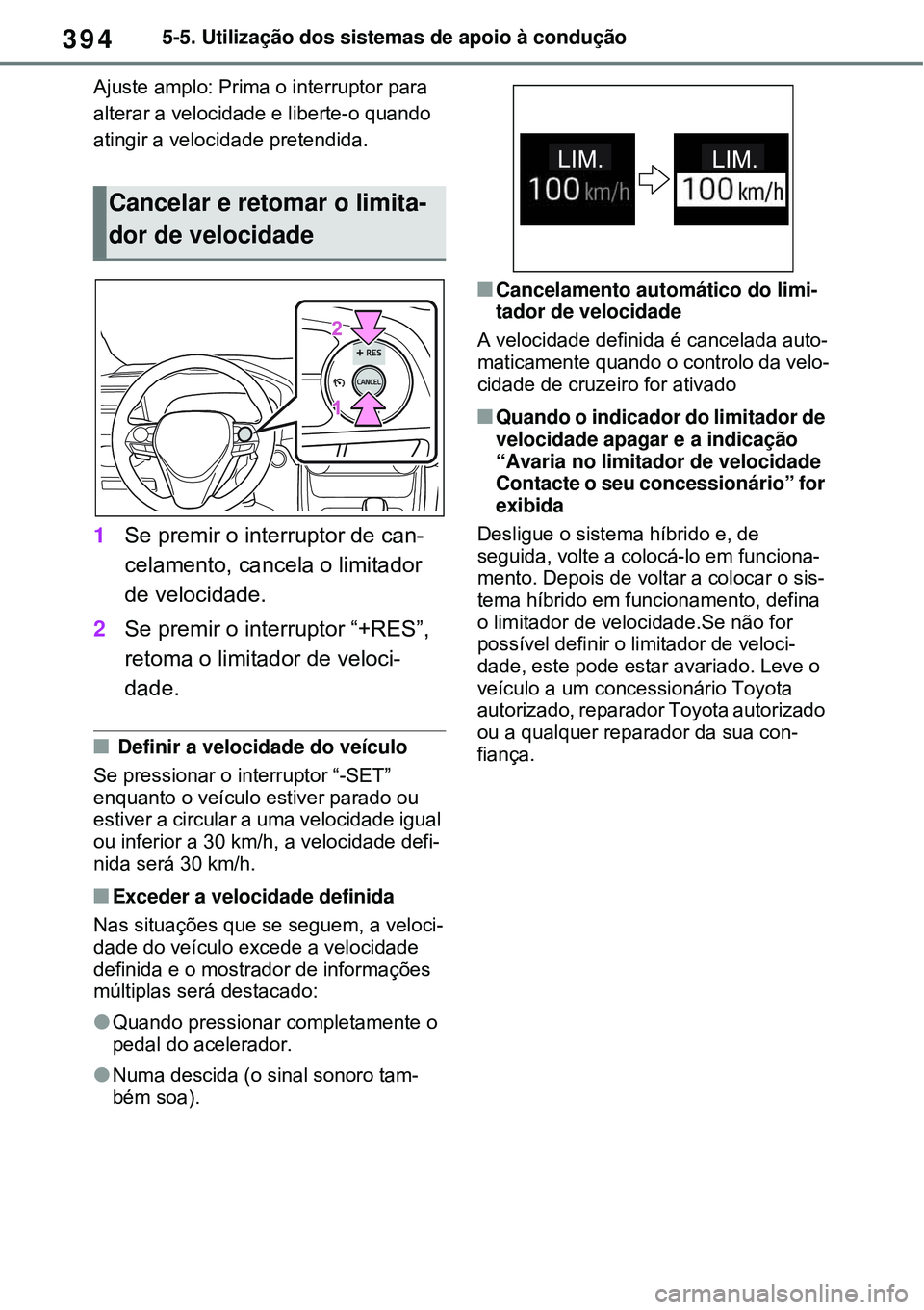 TOYOTA RAV4 PLUG-IN HYBRID 2021  Manual de utilização (in Portuguese) 3945-5. Utilização dos sistemas de apoio à condução
Ajuste amplo: Prima o interruptor para 
alterar a velocidade e liberte-o quando 
atingir a velocidade pretendida.
1Se premir o interruptor de c