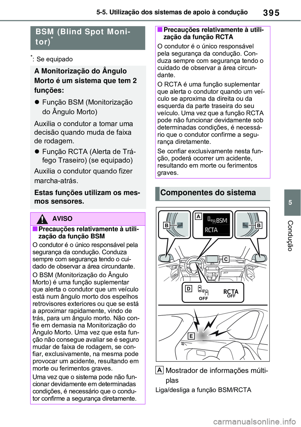 TOYOTA RAV4 PLUG-IN HYBRID 2021 Manual de utilização (in Portuguese) 395
5 5-5. Utilização dos sistemas de apoio à condução
Condução
*: Se equipado
Mostrador de informações múlti-
plas
Liga/desliga a função BSM/RCTA
BSM (Blind Spot Moni-
tor)*
A Monitoriza TOYOTA RAV4 PLUG-IN HYBRID 2021 Manual de utilização (in Portuguese) 395
5 5-5. Utilização dos sistemas de apoio à condução
Condução
*: Se equipado
Mostrador de informações múlti-
plas
Liga/desliga a função BSM/RCTA
BSM (Blind Spot Moni-
tor)*
A Monitoriza