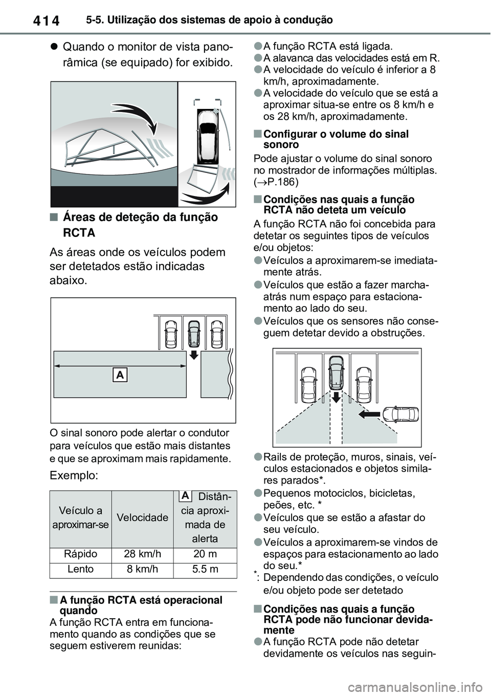 TOYOTA RAV4 PLUG-IN HYBRID 2021 Manual de utilização (in Portuguese) 4145-5. Utilização dos sistemas de apoio à condução
Quando o monitor de vista pano-
râmica (se equipado) for exibido.
Áreas de deteção da função
RCTA
As áreas onde os veículos pode TOYOTA RAV4 PLUG-IN HYBRID 2021 Manual de utilização (in Portuguese) 4145-5. Utilização dos sistemas de apoio à condução
Quando o monitor de vista pano-
râmica (se equipado) for exibido.
Áreas de deteção da função
RCTA
As áreas onde os veículos pode