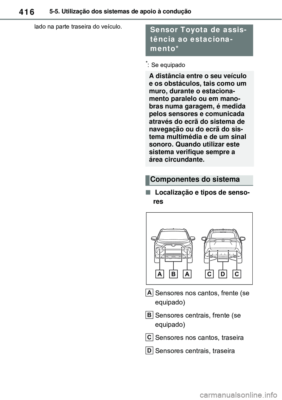 TOYOTA RAV4 PLUG-IN HYBRID 2021 Manual de utilização (in Portuguese) 4165-5. Utilização dos sistemas de apoio à condução
lado na parte traseira do veículo.
*: Se equipado
Localização e tipos de senso-
res
Sensores nos cantos, frente (se
equipado)
Sensores TOYOTA RAV4 PLUG-IN HYBRID 2021 Manual de utilização (in Portuguese) 4165-5. Utilização dos sistemas de apoio à condução
lado na parte traseira do veículo.
*: Se equipado
Localização e tipos de senso-
res
Sensores nos cantos, frente (se
equipado)
Sensores
