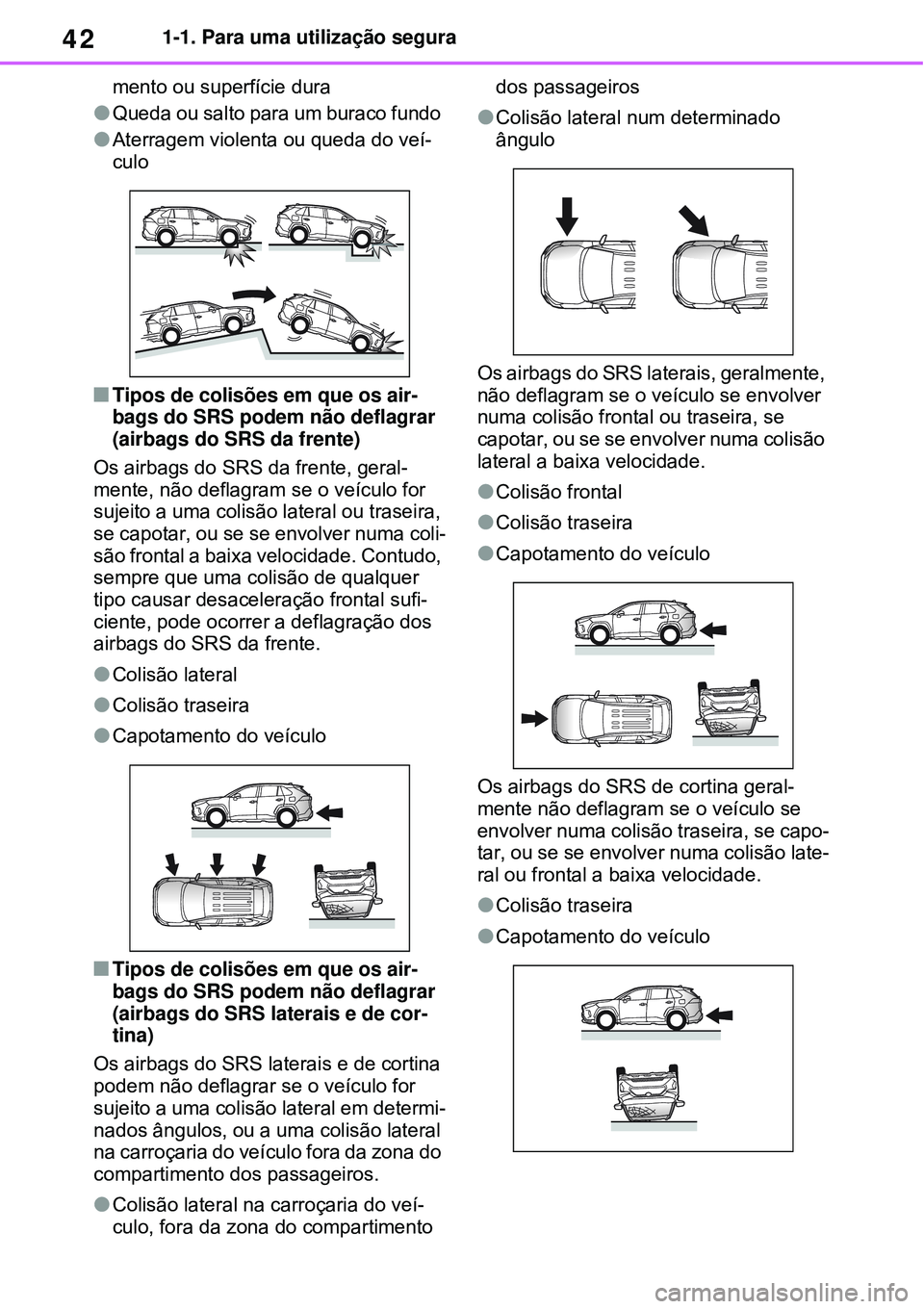 TOYOTA RAV4 PLUG-IN HYBRID 2021 Manual de utilização (in Portuguese) 421-1. Para uma utilização segura
mento ou superfície dura
Queda ou salto para um buraco fundo
Aterragem violenta ou queda do veí-
culo
Tipos de colisões em que os air-
bags do SRS pode TOYOTA RAV4 PLUG-IN HYBRID 2021 Manual de utilização (in Portuguese) 421-1. Para uma utilização segura
mento ou superfície dura
Queda ou salto para um buraco fundo
Aterragem violenta ou queda do veí-
culo
Tipos de colisões em que os air-
bags do SRS pode