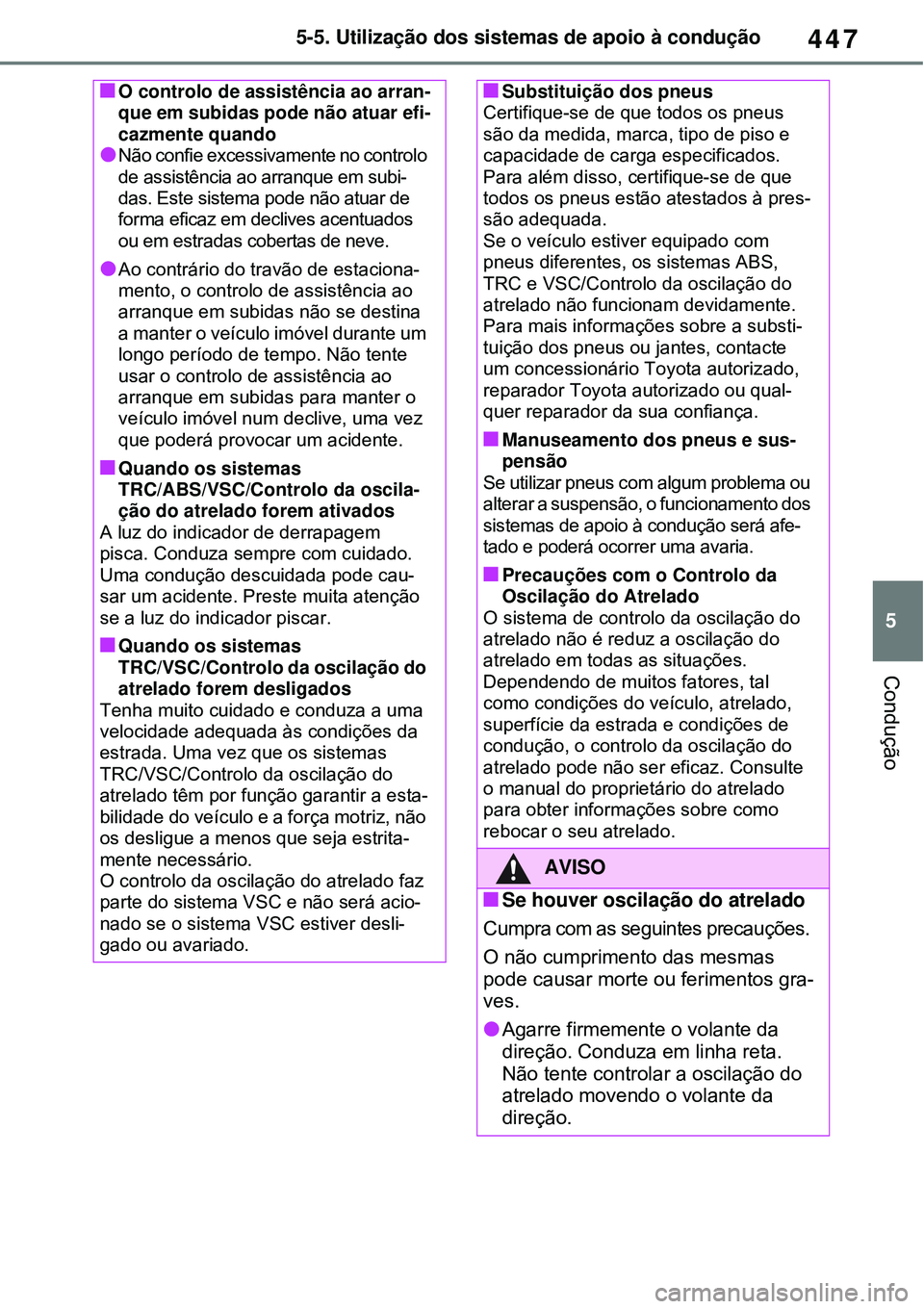 TOYOTA RAV4 PLUG-IN HYBRID 2021 Manual de utilização (in Portuguese) 447
5 5-5. Utilização dos sistemas de apoio à condução
Condução
O controlo de assistência ao arran-
que em subidas pode não atuar efi-
cazmente quando
Não confie excessivamente no cont TOYOTA RAV4 PLUG-IN HYBRID 2021 Manual de utilização (in Portuguese) 447
5 5-5. Utilização dos sistemas de apoio à condução
Condução
O controlo de assistência ao arran-
que em subidas pode não atuar efi-
cazmente quando
Não confie excessivamente no cont
