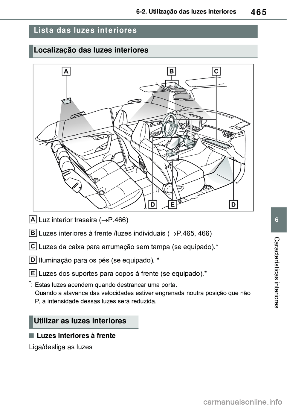 TOYOTA RAV4 PLUG-IN HYBRID 2021 Manual de utilização (in Portuguese) 465
6 6-2. Utilização das luzes interiores
Características interiores
6-2.Utilização das luzes interiores
Luz interior traseira (P.466)
Luzes interiores à frente /luzes individuais (P.465, TOYOTA RAV4 PLUG-IN HYBRID 2021 Manual de utilização (in Portuguese) 465
6 6-2. Utilização das luzes interiores
Características interiores
6-2.Utilização das luzes interiores
Luz interior traseira (P.466)
Luzes interiores à frente /luzes individuais (P.465,