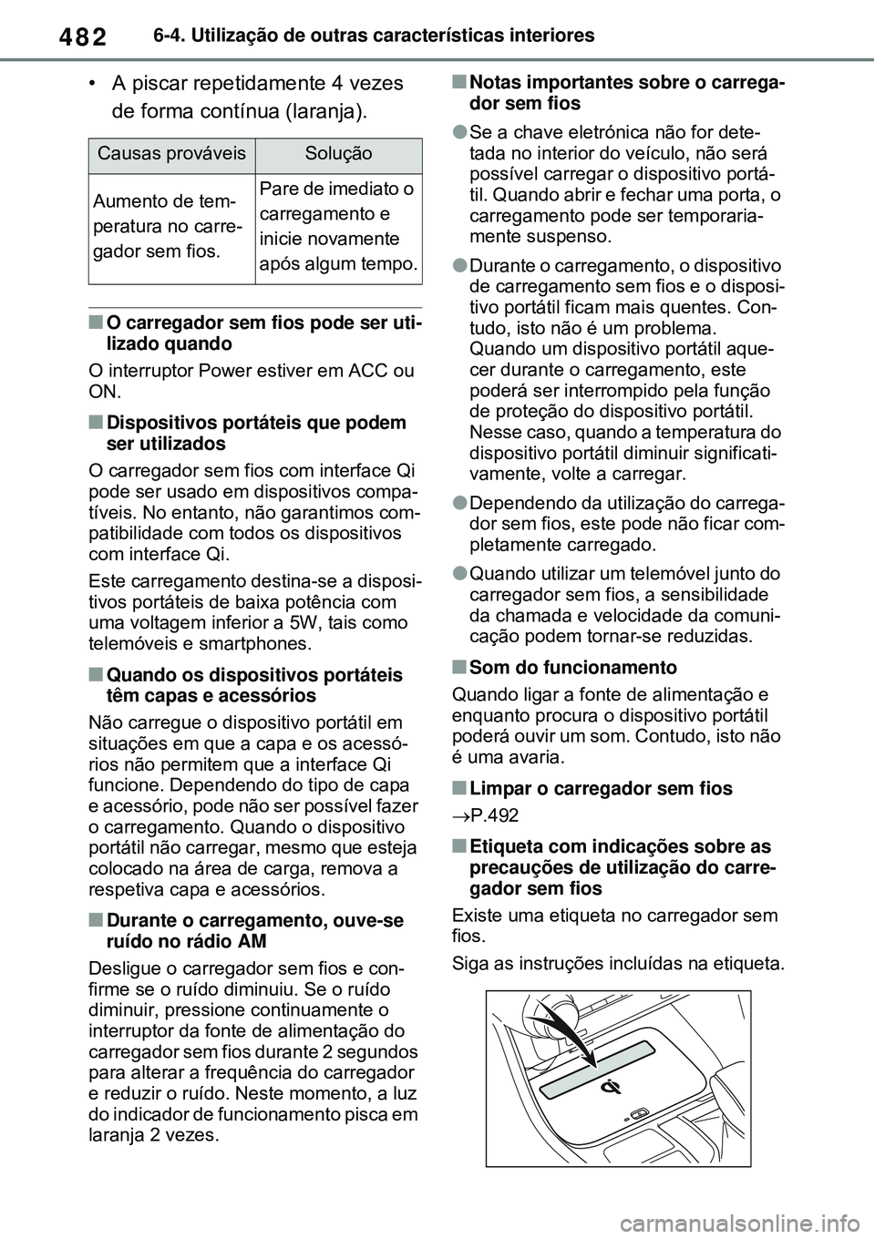 TOYOTA RAV4 PLUG-IN HYBRID 2021 Manual de utilização (in Portuguese) 4826-4. Utilização de outras características interiores
• A piscar repetidamente 4 vezes
de forma contínua (laranja).
O carregador sem fios pode ser uti-
lizado quando
O interruptor Power es TOYOTA RAV4 PLUG-IN HYBRID 2021 Manual de utilização (in Portuguese) 4826-4. Utilização de outras características interiores
• A piscar repetidamente 4 vezes
de forma contínua (laranja).
O carregador sem fios pode ser uti-
lizado quando
O interruptor Power es