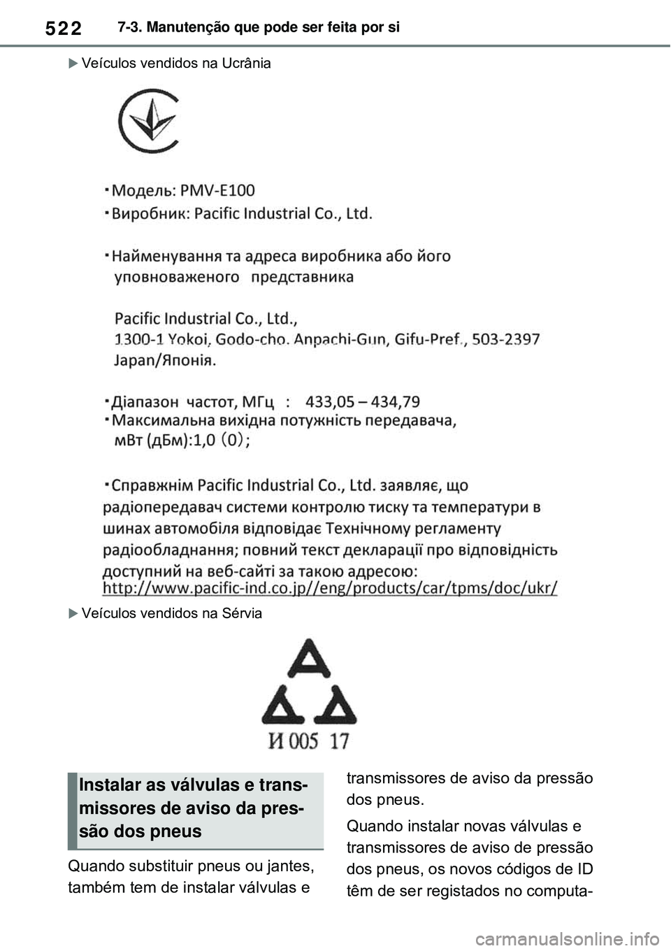 TOYOTA RAV4 PLUG-IN HYBRID 2021  Manual de utilização (in Portuguese) 5227-3. Manutenção que pode ser feita por si
Veículos vendidos na Ucrânia
Veículos vendidos na Sérvia
Quando substituir pneus ou jantes, 
também tem de instalar válvulas e transmissores 
