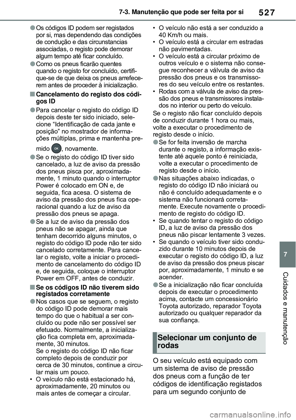 TOYOTA RAV4 PLUG-IN HYBRID 2021  Manual de utilização (in Portuguese) 527
7 7-3. Manutenção que pode ser feita por si
Cuidados e manutenção
Os códigos ID podem ser registados 
por si, mas dependendo das condições 
de condução e das circunstancias 
associadas