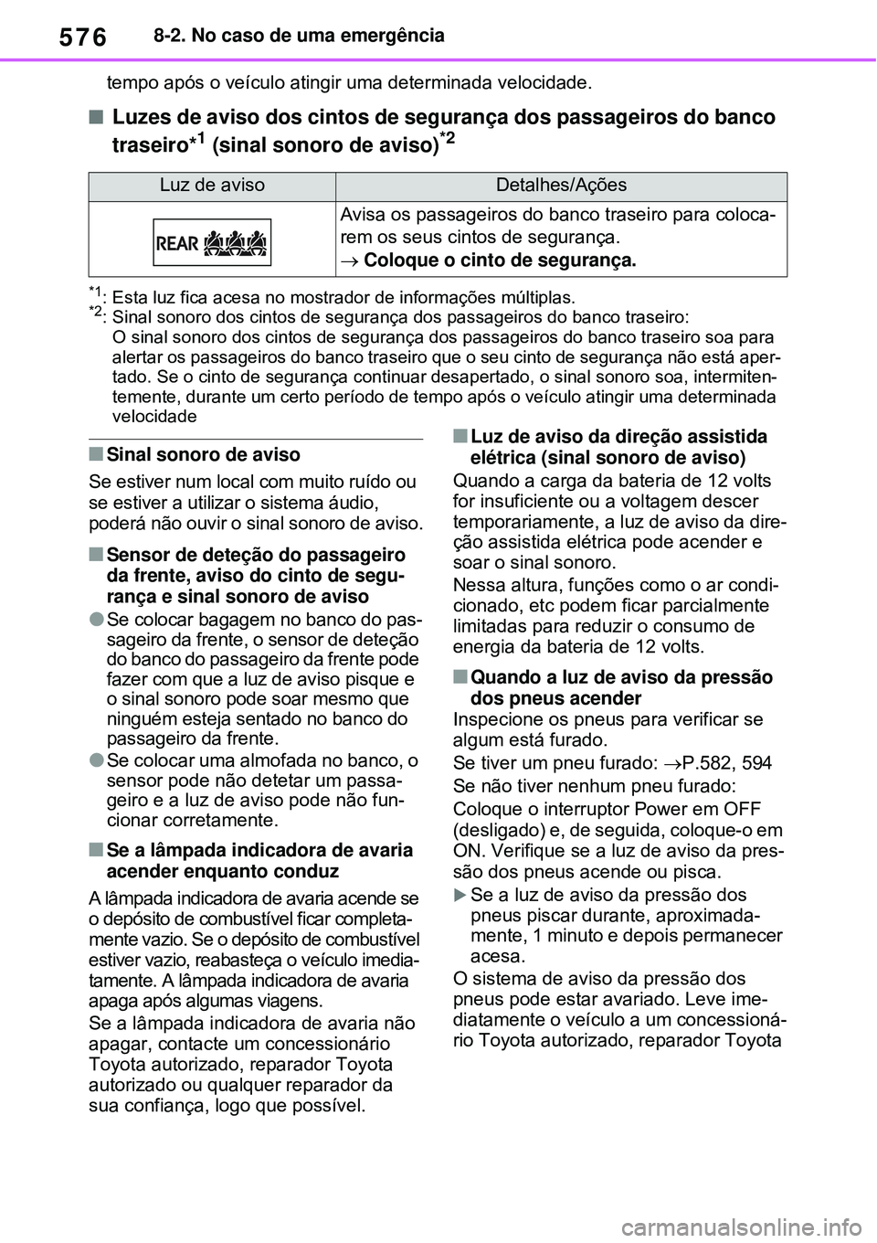 TOYOTA RAV4 PLUG-IN HYBRID 2021 Manual de utilização (in Portuguese) 5768-2. No caso de uma emergência
tempo após o veículo atingir uma determinada velocidade.
Luzes de aviso dos cintos de segurança dos passageiros do banco
traseiro*1 (sinal sonoro de aviso)*2 TOYOTA RAV4 PLUG-IN HYBRID 2021 Manual de utilização (in Portuguese) 5768-2. No caso de uma emergência
tempo após o veículo atingir uma determinada velocidade.
Luzes de aviso dos cintos de segurança dos passageiros do banco
traseiro*1 (sinal sonoro de aviso)*2