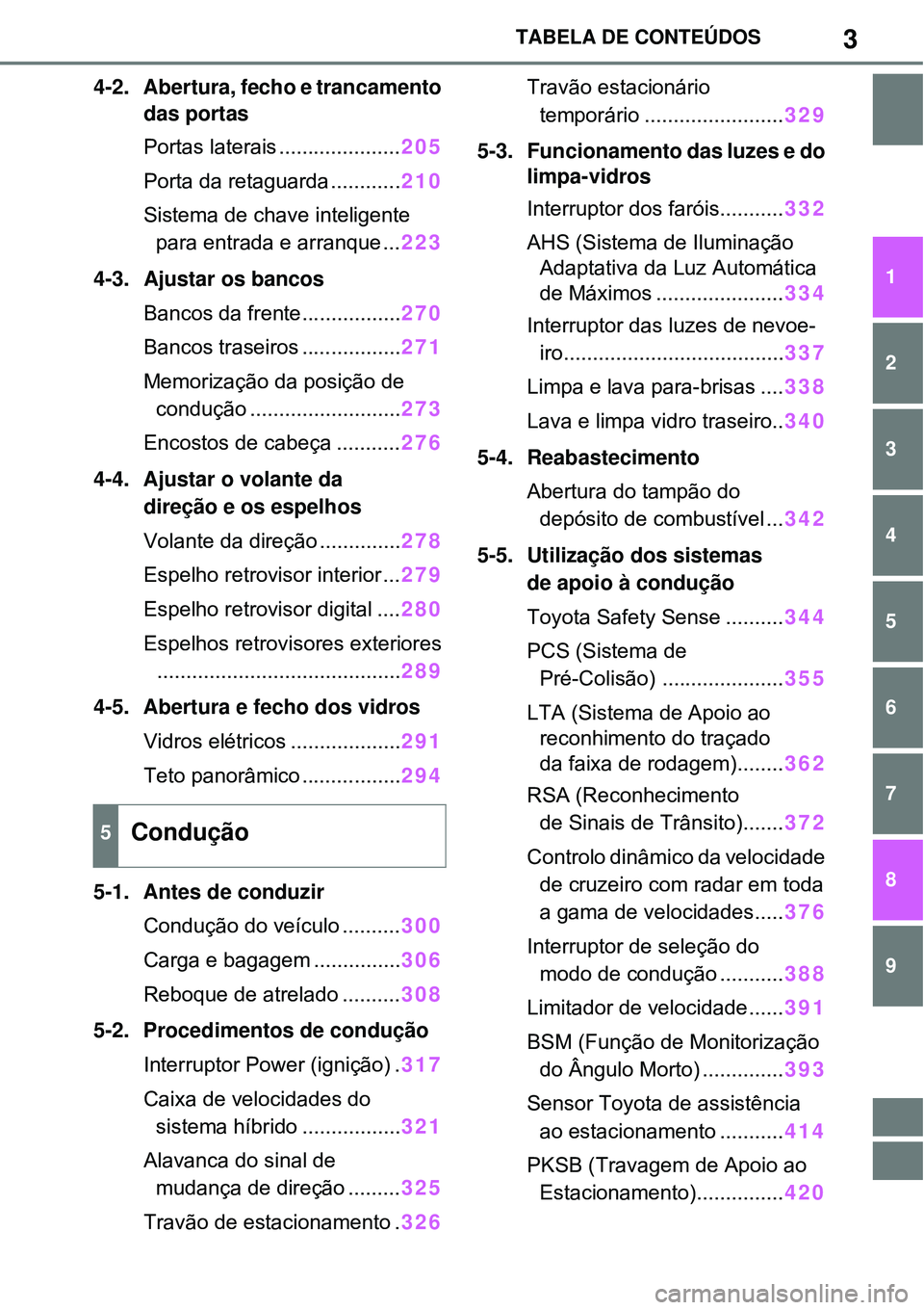 TOYOTA RAV4 PLUG-IN HYBRID 2021  Manual de utilização (in Portuguese) 3TABELA DE CONTEÚDOS
1
6 5
4
3
2
8
7
9
4-2. Abertura, fecho e trancamento 
das portas
Portas laterais .....................205
Porta da retaguarda ............210
Sistema de chave inteligente 
para e