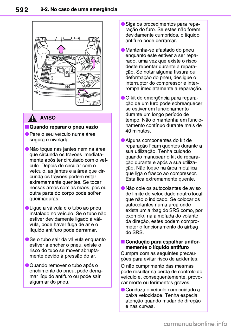 TOYOTA RAV4 PLUG-IN HYBRID 2021 Manual de utilização (in Portuguese) 5928-2. No caso de uma emergência
AVISO
Quando reparar o pneu vazio
Pare o seu veículo numa área
segura e nivelada.
Não toque nas jantes nem na área
que circunda os travões imediata-
TOYOTA RAV4 PLUG-IN HYBRID 2021 Manual de utilização (in Portuguese) 5928-2. No caso de uma emergência
AVISO
Quando reparar o pneu vazio
Pare o seu veículo numa área
segura e nivelada.
Não toque nas jantes nem na área
que circunda os travões imediata-