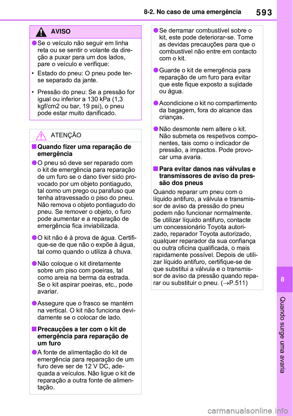 TOYOTA RAV4 PLUG-IN HYBRID 2021 Manual de utilização (in Portuguese) 593
8 8-2. No caso de uma emergência
Quando surge uma avaria
AVISO
Se o veículo não seguir em linha
reta ou se sentir o volante da dire-
ção a puxar para um dos lados,
pare o veículo e veri TOYOTA RAV4 PLUG-IN HYBRID 2021 Manual de utilização (in Portuguese) 593
8 8-2. No caso de uma emergência
Quando surge uma avaria
AVISO
Se o veículo não seguir em linha
reta ou se sentir o volante da dire-
ção a puxar para um dos lados,
pare o veículo e veri