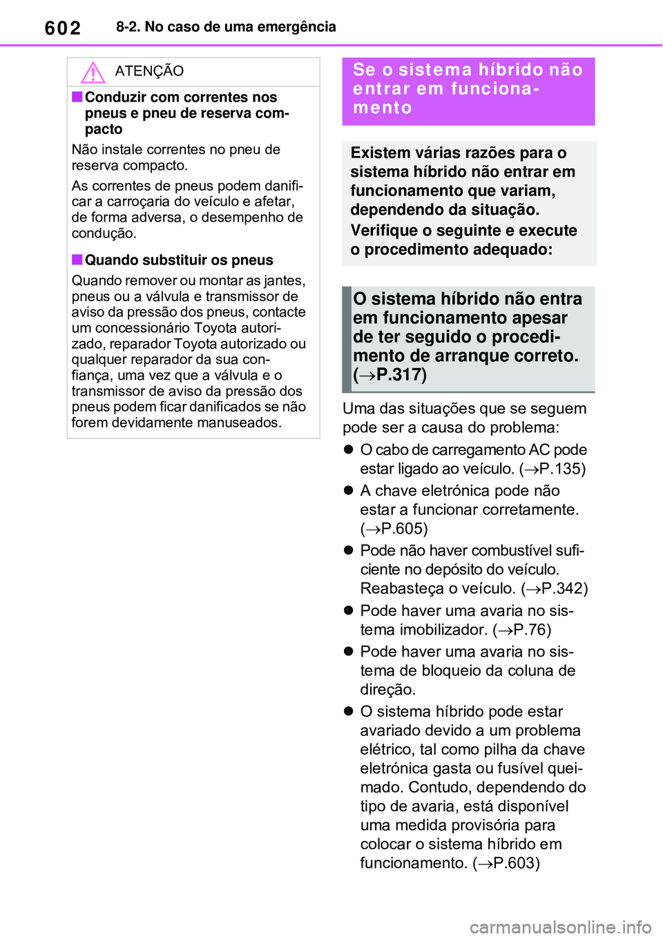 TOYOTA RAV4 PLUG-IN HYBRID 2021 Manual de utilização (in Portuguese) 6028-2. No caso de uma emergência
Uma das situações que se seguem
pode ser a causa do problema:
O cabo de carregamento AC pode
estar ligado ao veículo. (P.135)
A chave eletrónica pode TOYOTA RAV4 PLUG-IN HYBRID 2021 Manual de utilização (in Portuguese) 6028-2. No caso de uma emergência
Uma das situações que se seguem
pode ser a causa do problema:
O cabo de carregamento AC pode
estar ligado ao veículo. (P.135)
A chave eletrónica pode
