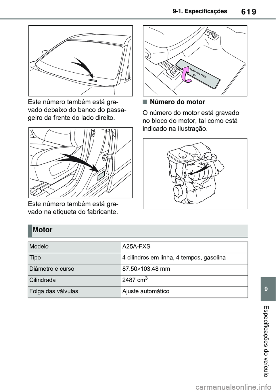 TOYOTA RAV4 PLUG-IN HYBRID 2021 Manual de utilização (in Portuguese) 619
9 9-1. Especificações
Especificações do veículo
Este número também está gra-
vado debaixo do banco do passa-
geiro da frente do lado direito.
Este número também está gra-
vado na etique TOYOTA RAV4 PLUG-IN HYBRID 2021 Manual de utilização (in Portuguese) 619
9 9-1. Especificações
Especificações do veículo
Este número também está gra-
vado debaixo do banco do passa-
geiro da frente do lado direito.
Este número também está gra-
vado na etique