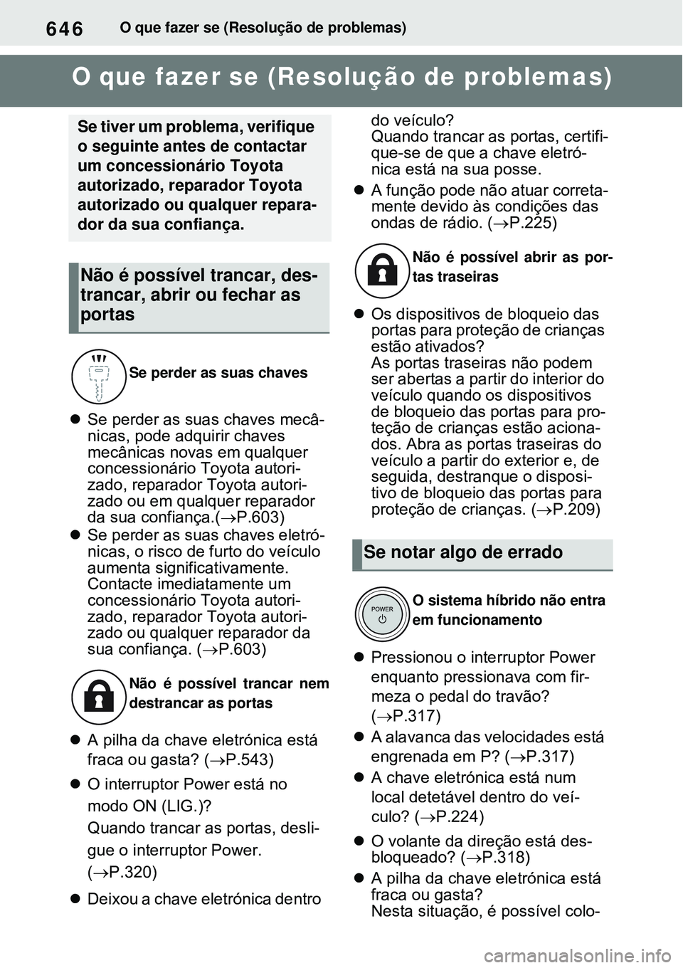 TOYOTA RAV4 PLUG-IN HYBRID 2021  Manual de utilização (in Portuguese) 646O que fazer se (Resolução de problemas)
1-1.What to do if... (Troubleshooting)O que fazer se (Resolução de problemas)
Se perder as suas chaves mecâ-
nicas, pode adquirir chaves 
mecânicas 