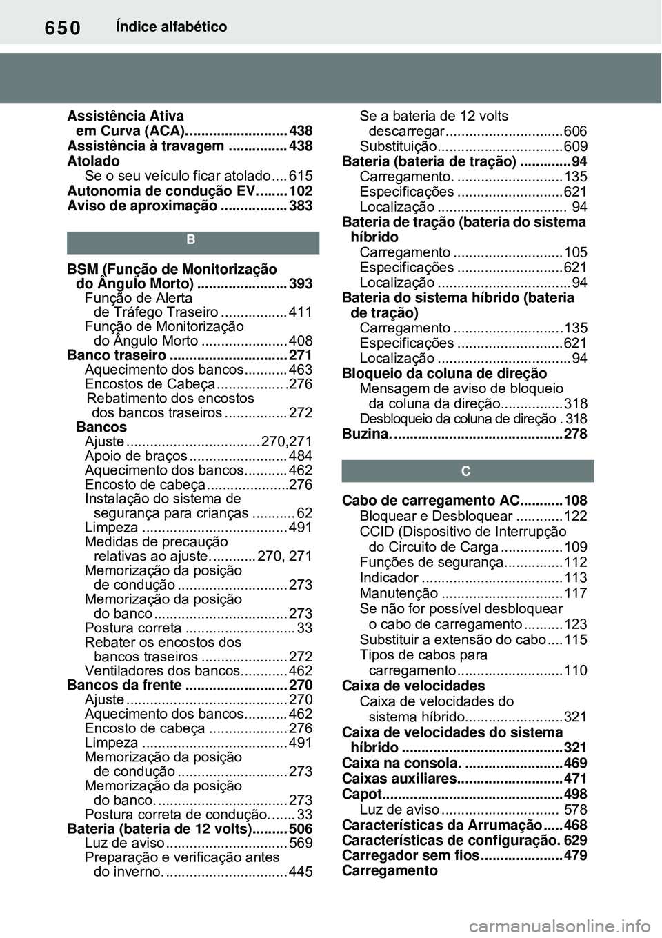 TOYOTA RAV4 PLUG-IN HYBRID 2021 Manual de utilização (in Portuguese) 650Índice alfabético
Assistência Ativa
em Curva (ACA).......................... 438
Assistência à travagem ............... 438
Atolado
Se o seu veículo ficar atolado .... 615
Autonomia de condu TOYOTA RAV4 PLUG-IN HYBRID 2021 Manual de utilização (in Portuguese) 650Índice alfabético
Assistência Ativa
em Curva (ACA).......................... 438
Assistência à travagem ............... 438
Atolado
Se o seu veículo ficar atolado .... 615
Autonomia de condu