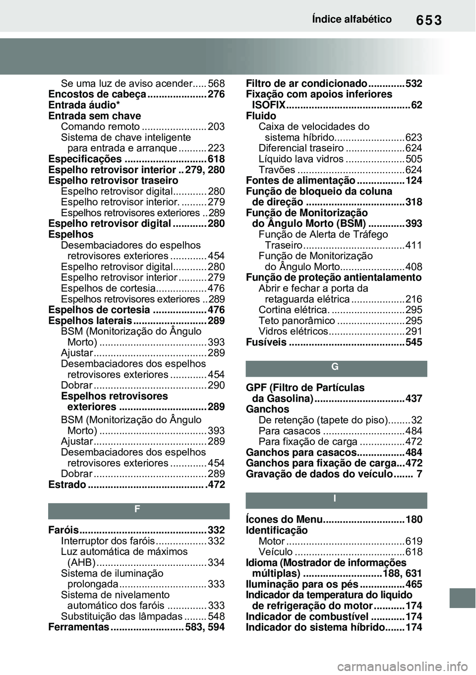 TOYOTA RAV4 PLUG-IN HYBRID 2021 Manual de utilização (in Portuguese) 653Índice alfabético
Se uma luz de aviso acender..... 568
Encostos de cabeça ..................... 276
Entrada áudio*
Entrada sem chave
Comando remoto ....................... 203
Sistema de chave TOYOTA RAV4 PLUG-IN HYBRID 2021 Manual de utilização (in Portuguese) 653Índice alfabético
Se uma luz de aviso acender..... 568
Encostos de cabeça ..................... 276
Entrada áudio*
Entrada sem chave
Comando remoto ....................... 203
Sistema de chave