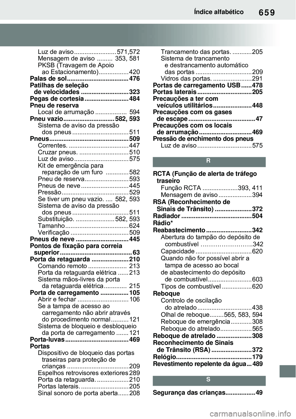 TOYOTA RAV4 PLUG-IN HYBRID 2021 Manual de utilização (in Portuguese) 659Índice alfabético
Luz de aviso ........................ 571,572
Mensagem de aviso ......... 353, 581
PKSB (Travagem de Apoio
ao Estacionamento) ................. 420
Palas de sol.............. TOYOTA RAV4 PLUG-IN HYBRID 2021 Manual de utilização (in Portuguese) 659Índice alfabético
Luz de aviso ........................ 571,572
Mensagem de aviso ......... 353, 581
PKSB (Travagem de Apoio
ao Estacionamento) ................. 420
Palas de sol..............