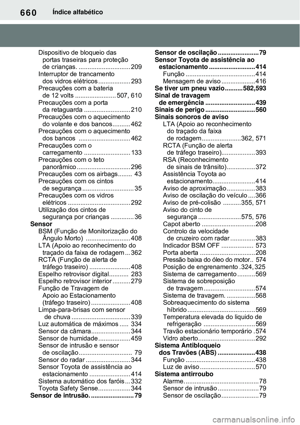 TOYOTA RAV4 PLUG-IN HYBRID 2021 Manual de utilização (in Portuguese) 660Índice alfabético
Dispositivo de bloqueio das
portas traseiras para proteção
de crianças. ............................. 209
Interruptor de trancamento
dos vidros elétricos ................ TOYOTA RAV4 PLUG-IN HYBRID 2021 Manual de utilização (in Portuguese) 660Índice alfabético
Dispositivo de bloqueio das
portas traseiras para proteção
de crianças. ............................. 209
Interruptor de trancamento
dos vidros elétricos ................