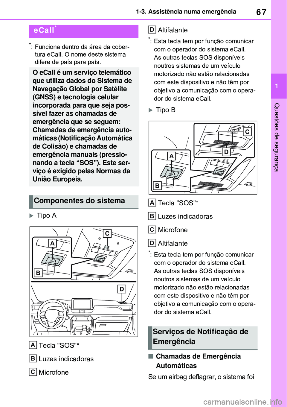 TOYOTA RAV4 PLUG-IN HYBRID 2021 Manual de utilização (in Portuguese) 67
1 1-3. Assistência numa emergência
Questões de segurança
1-3.Assistência numa emergência
*: Funciona dentro da área da cober-
tura eCall. O nome deste sistema
difere de país para país.
TOYOTA RAV4 PLUG-IN HYBRID 2021 Manual de utilização (in Portuguese) 67
1 1-3. Assistência numa emergência
Questões de segurança
1-3.Assistência numa emergência
*: Funciona dentro da área da cober-
tura eCall. O nome deste sistema
difere de país para país.