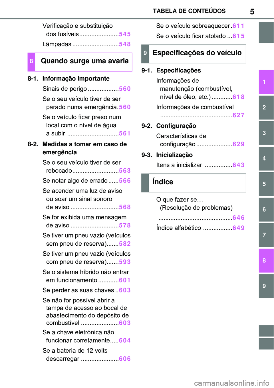 TOYOTA RAV4 PLUG-IN HYBRID 2021  Manual de utilização (in Portuguese) 5TABELA DE CONTEÚDOS
1
6 5
4
3
2
8
7
9
Verificação e substituição 
dos fusíveis.......................545
Lâmpadas ...........................548
8-1. Informação importante
Sinais de perigo .