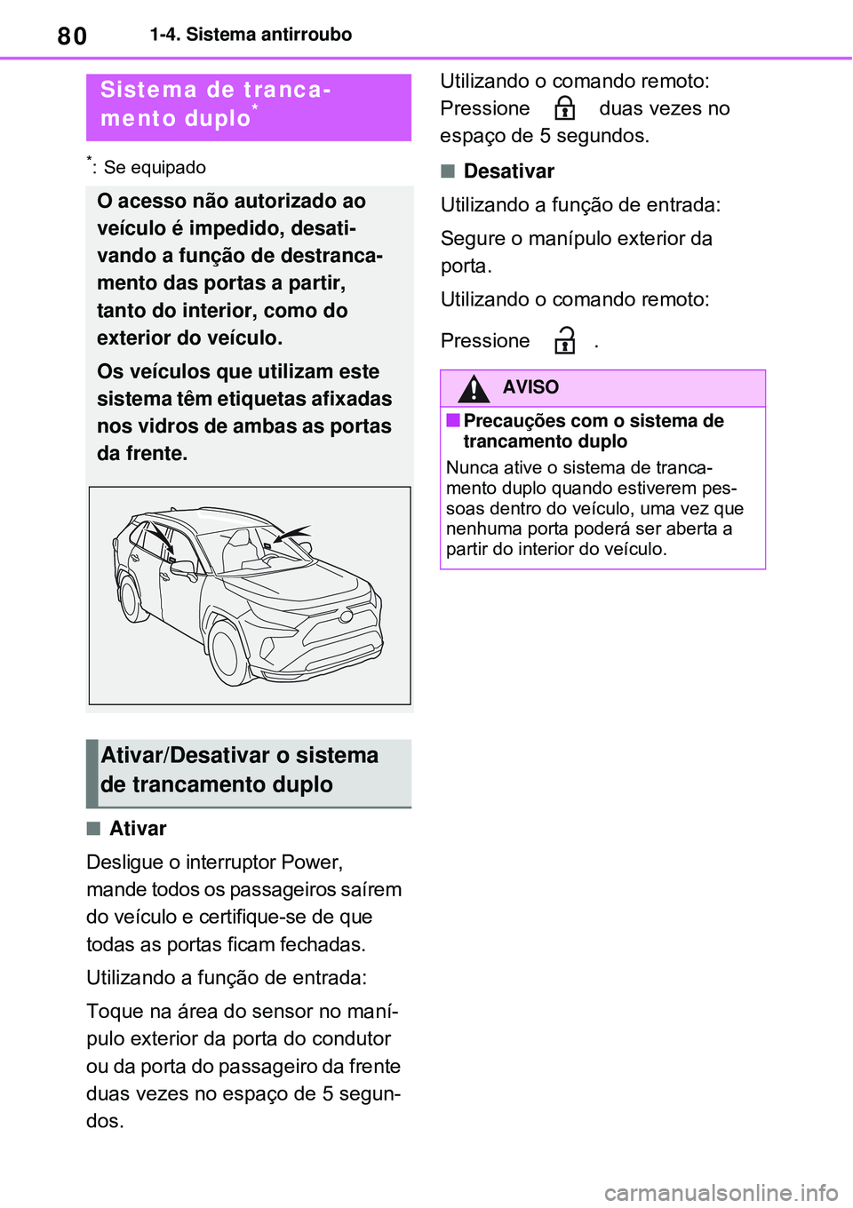 TOYOTA RAV4 PLUG-IN HYBRID 2021  Manual de utilização (in Portuguese) 801-4. Sistema antirroubo
*: Se equipado
Ativar
Desligue o interruptor Power, 
mande todos os passageiros saírem 
do veículo e certifique-se de que 
todas as portas ficam fechadas.
Utilizando a f