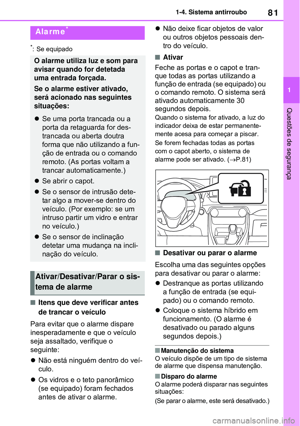 TOYOTA RAV4 PLUG-IN HYBRID 2021  Manual de utilização (in Portuguese) 81
1 1-4. Sistema antirroubo
Questões de segurança
*: Se equipado
Itens que deve verificar antes 
de trancar o veículo
Para evitar que o alarme dispare 
inesperadamente e que o veículo 
seja as