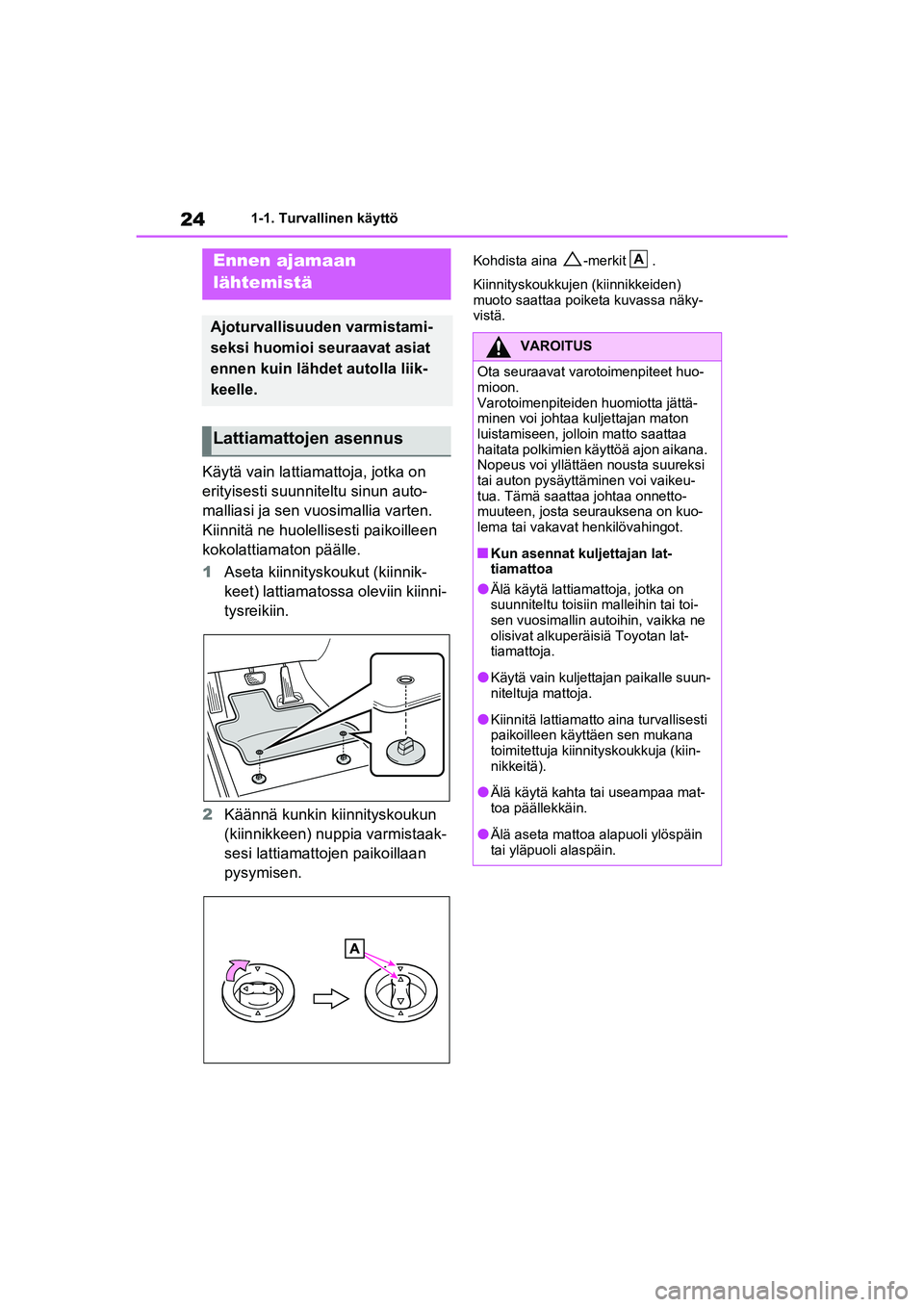 TOYOTA RAV4 PLUG-IN HYBRID 2021  Omistajan Käsikirja (in Finnish) 241-1. Turvallinen käyttö
1-1.Turvallinen käyttö
Käytä vain lattiamattoja, jotka on 
erityisesti suunniteltu sinun auto-
malliasi ja sen vuosimallia varten. 
Kiinnitä ne huolellisesti paikoille