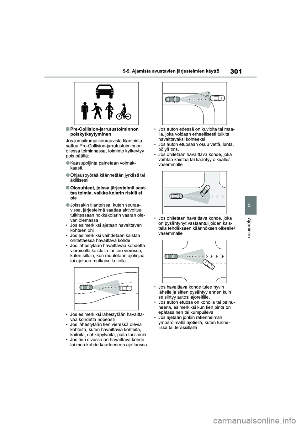 TOYOTA RAV4 PLUG-IN HYBRID 2021  Omistajan Käsikirja (in Finnish) 301
5
5-5. Ajamista avustavien järjestelmien käyttö
Ajaminen
nPre-Collision-jarrutustoiminnon 
poiskytkeytyminen
Jos jompikumpi seuraavista tilanteista 
sattuu Pre-Collision-jarrutustoiminnon 
olle