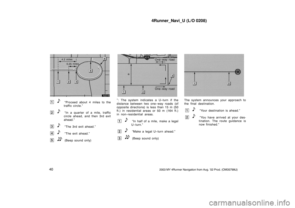 TOYOTA 4RUNNER 2003 N210 / 4.G Navigation Manual 4Runner_Navi_U (L/O 0208)
402003 MY 4Runner Navigation from Aug. ’02 Prod. (OM35799U)
NZ018
4.2 miles0.25 miles
 1“Proceed about 4 miles to the
traffic circle.”
 2“In a quarter of a mile, traf