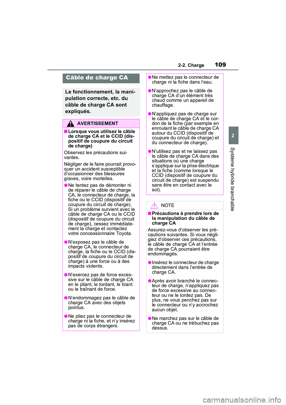 TOYOTA RAV4 PRIME 2021  Manuel du propriétaire (in French) 1092-2. Charge
2
Système hybride branchable
Câble de charge CA
Le fonctionnement, la mani-
pulation correcte, etc. du 
câble de charge CA sont 
expliqués.
AVERTISSEMENT
■Lorsque vous utilisez le