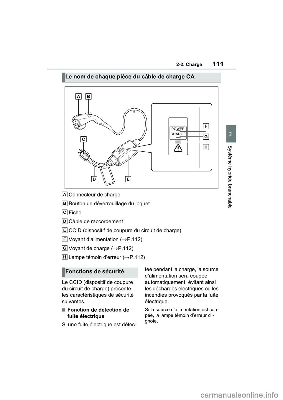 TOYOTA RAV4 PRIME 2021  Manuel du propriétaire (in French) 1112-2. Charge
2
Système hybride branchable
Connecteur de charge
Bouton de déverrouillage du loquet
Fiche
Câble de raccordement
CCID (dispositif de coupure du circuit de charge)
Voyant d’alimenta