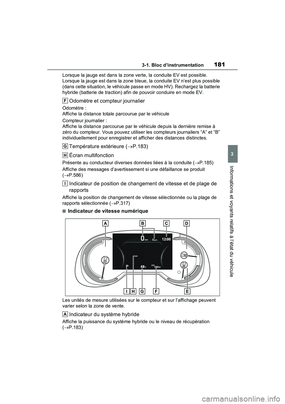 TOYOTA RAV4 PRIME 2021 Manuel du propriétaire (in French) 1813-1. Bloc d’instrumentation
3
Informations et voyants relatifs à l’état du véhicule
Lorsque la jauge est dans la zone verte, la conduite EV est possible.
Lorsque la jauge est dans la zone b TOYOTA RAV4 PRIME 2021 Manuel du propriétaire (in French) 1813-1. Bloc d’instrumentation
3
Informations et voyants relatifs à l’état du véhicule
Lorsque la jauge est dans la zone verte, la conduite EV est possible.
Lorsque la jauge est dans la zone b