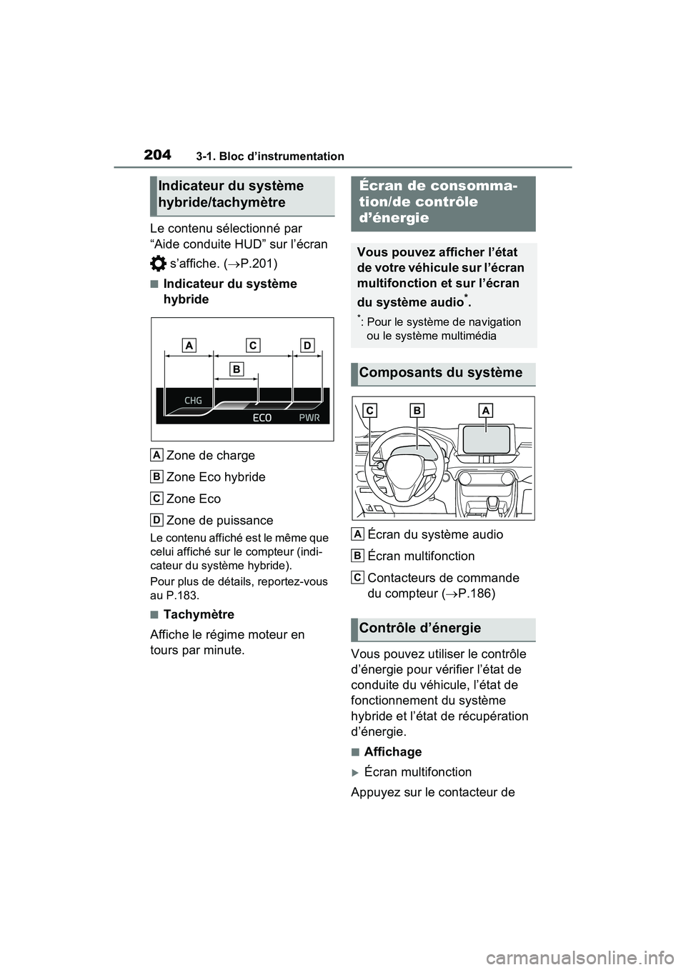 TOYOTA RAV4 PRIME 2021  Manuel du propriétaire (in French) 2043-1. Bloc d’instrumentation
Le contenu sélectionné par 
“Aide conduite HUD” sur l’écran  s’affiche. ( P.201)
■Indicateur du système 
hybride
Zone de charge
Zone Eco hybride
Zone 