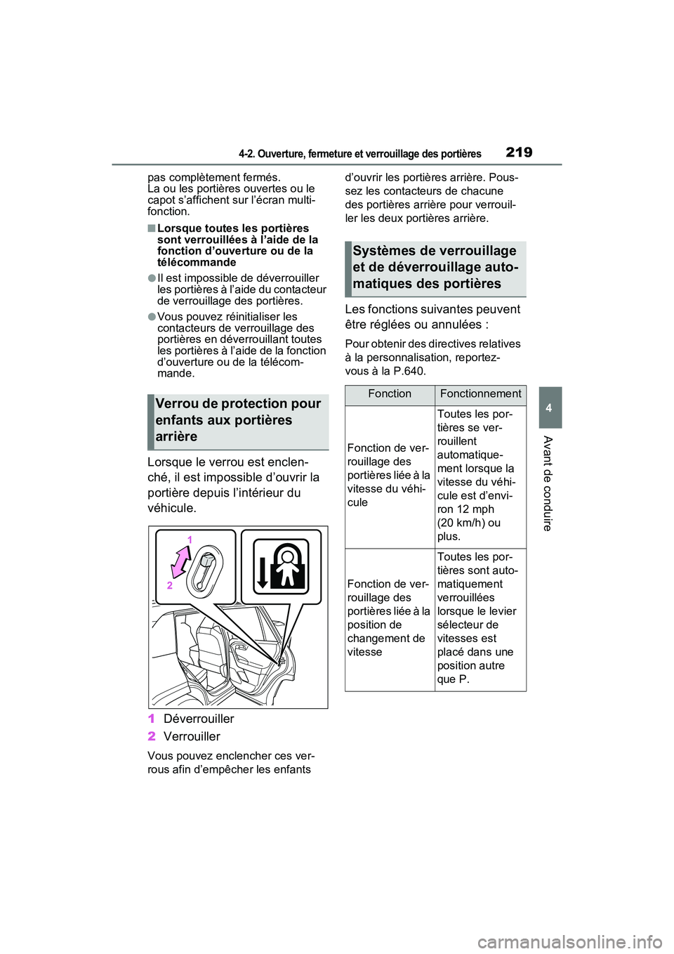 TOYOTA RAV4 PRIME 2021 Manuel du propriétaire (in French) 2194-2. Ouverture, fermeture et verrouillage des portières
4
Avant de conduire
pas complètement fermés.
La ou les portières ouvertes ou le
capot s’affichent sur l’écran multi-
fonction.
■L TOYOTA RAV4 PRIME 2021 Manuel du propriétaire (in French) 2194-2. Ouverture, fermeture et verrouillage des portières
4
Avant de conduire
pas complètement fermés.
La ou les portières ouvertes ou le
capot s’affichent sur l’écran multi-
fonction.
■L