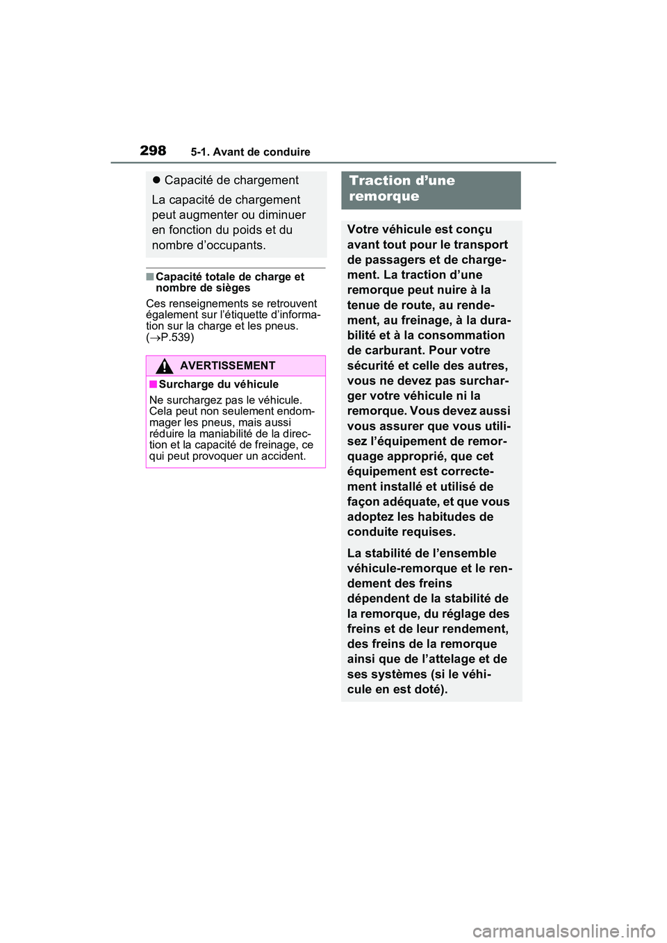 TOYOTA RAV4 PRIME 2021 Manuel du propriétaire (in French) 2985-1. Avant de conduire
■Capacité totale de charge et
nombre de sièges
Ces renseignements se retrouvent
également sur l’étiquette d’informa-
tion sur la charge et les pneus.
( P.539 TOYOTA RAV4 PRIME 2021 Manuel du propriétaire (in French) 2985-1. Avant de conduire
■Capacité totale de charge et
nombre de sièges
Ces renseignements se retrouvent
également sur l’étiquette d’informa-
tion sur la charge et les pneus.
( P.539