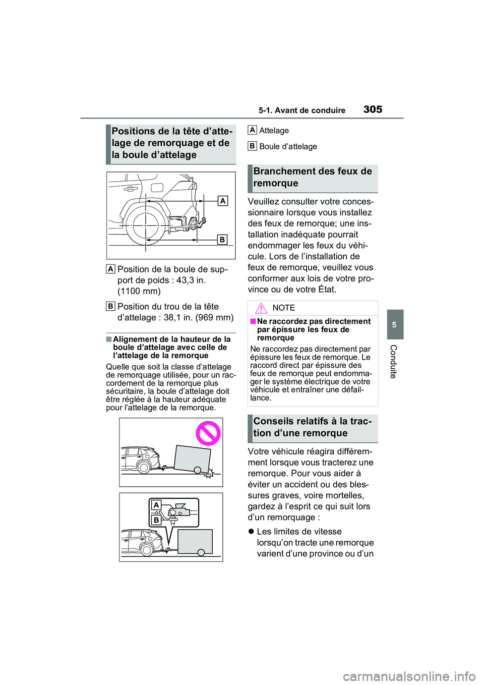 TOYOTA RAV4 PRIME 2021 Manuel du propriétaire (in French) 3055-1. Avant de conduire
5
Conduite
Position de la boule de sup-
port de poids : 43,3 in.
(1100 mm)
Position du trou de la tête
d’attelage : 38,1 in. (969 mm)
■Alignement de la hauteur de la
TOYOTA RAV4 PRIME 2021 Manuel du propriétaire (in French) 3055-1. Avant de conduire
5
Conduite
Position de la boule de sup-
port de poids : 43,3 in.
(1100 mm)
Position du trou de la tête
d’attelage : 38,1 in. (969 mm)
■Alignement de la hauteur de la