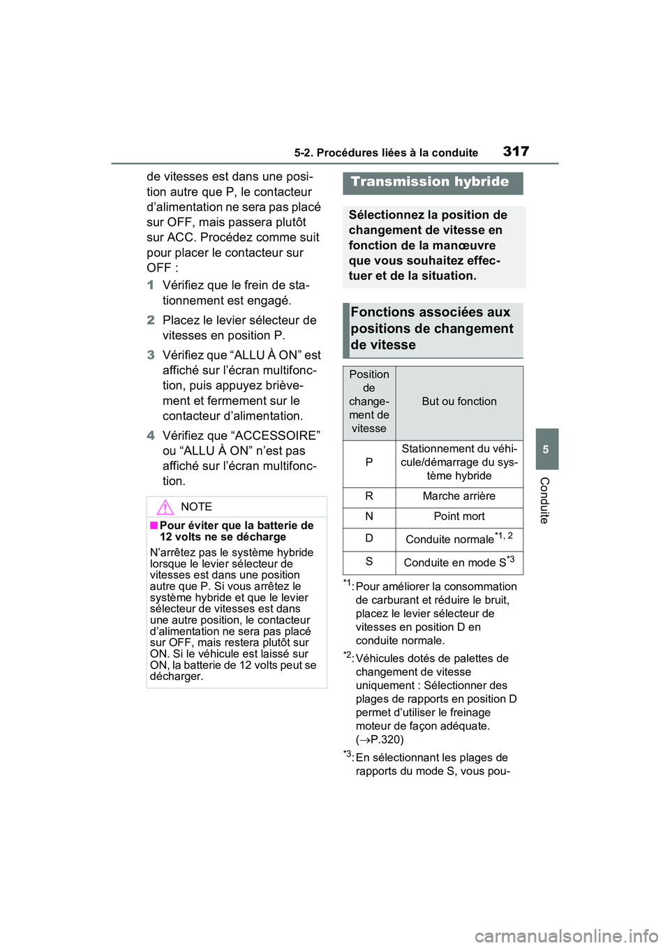 TOYOTA RAV4 PRIME 2021 Manuel du propriétaire (in French) 3175-2. Procédures liées à la conduite
5
Conduite
de vitesses est dans une posi-
tion autre que P, le contacteur
d’alimentation ne sera pas placé
sur OFF, mais passera plutôt
sur ACC. Procé TOYOTA RAV4 PRIME 2021 Manuel du propriétaire (in French) 3175-2. Procédures liées à la conduite
5
Conduite
de vitesses est dans une posi-
tion autre que P, le contacteur
d’alimentation ne sera pas placé
sur OFF, mais passera plutôt
sur ACC. Procé