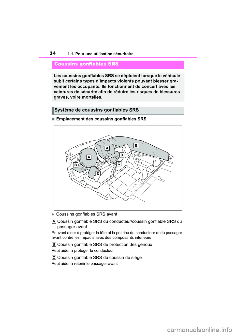 TOYOTA RAV4 PRIME 2021 Manuel du propriétaire (in French) 341-1. Pour une utilisation sécuritaire
■Emplacement des coussins gonflables SRS
Coussins gonflables SRS avantCoussin gonflable SRS du conducteur/coussin gonflable SRS du
passager avant
Peuvent TOYOTA RAV4 PRIME 2021 Manuel du propriétaire (in French) 341-1. Pour une utilisation sécuritaire
■Emplacement des coussins gonflables SRS
Coussins gonflables SRS avantCoussin gonflable SRS du conducteur/coussin gonflable SRS du
passager avant
Peuvent