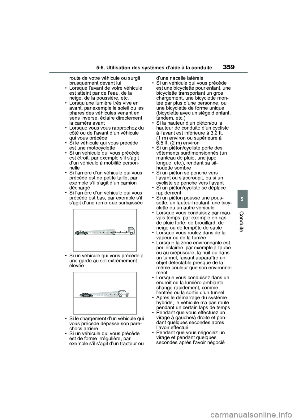 TOYOTA RAV4 PRIME 2021 Manuel du propriétaire (in French) 3595-5. Utilisation des systèmes d’aide à la conduite
5
Conduite
route de votre véhicule ou surgit
brusquement devant lui
• Lorsque l’avant de votre véhicule
est atteint par de l’eau, de TOYOTA RAV4 PRIME 2021 Manuel du propriétaire (in French) 3595-5. Utilisation des systèmes d’aide à la conduite
5
Conduite
route de votre véhicule ou surgit
brusquement devant lui
• Lorsque l’avant de votre véhicule
est atteint par de l’eau, de