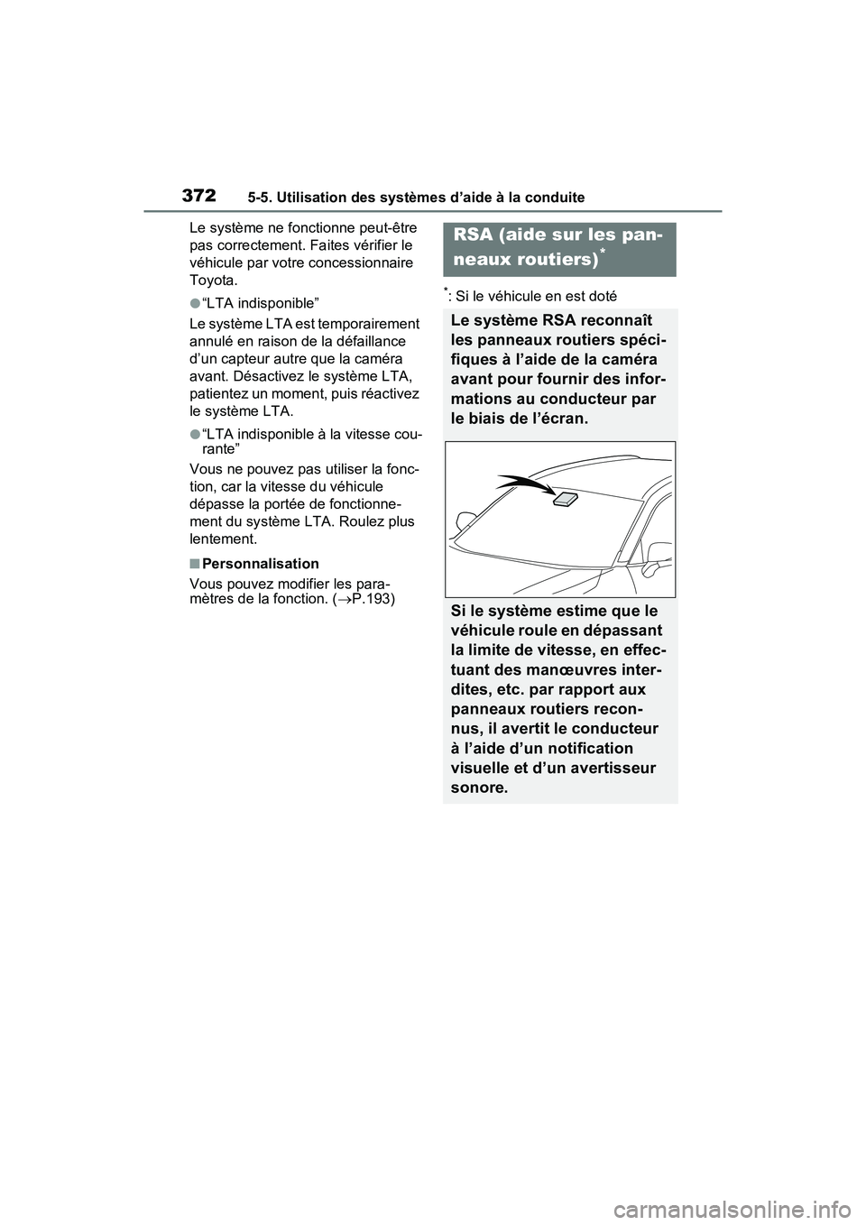TOYOTA RAV4 PRIME 2021 Manuel du propriétaire (in French) 3725-5. Utilisation des systèmes d’aide à la conduite
Le système ne fonctionne peut-être
pas correctement. Faites vérifier le
véhicule par votre concessionnaire
Toyota.
●“LTA indisponib TOYOTA RAV4 PRIME 2021 Manuel du propriétaire (in French) 3725-5. Utilisation des systèmes d’aide à la conduite
Le système ne fonctionne peut-être
pas correctement. Faites vérifier le
véhicule par votre concessionnaire
Toyota.
●“LTA indisponib