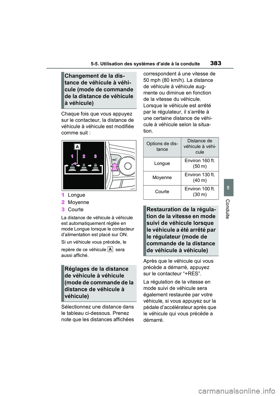 TOYOTA RAV4 PRIME 2021 Manuel du propriétaire (in French) 3835-5. Utilisation des systèmes d’aide à la conduite
5
Conduite
Chaque fois que vous appuyez
sur le contacteur, la distance de
véhicule à véhicule est modifiée
comme suit :
1Longue
2 Moyen TOYOTA RAV4 PRIME 2021 Manuel du propriétaire (in French) 3835-5. Utilisation des systèmes d’aide à la conduite
5
Conduite
Chaque fois que vous appuyez
sur le contacteur, la distance de
véhicule à véhicule est modifiée
comme suit :
1Longue
2 Moyen