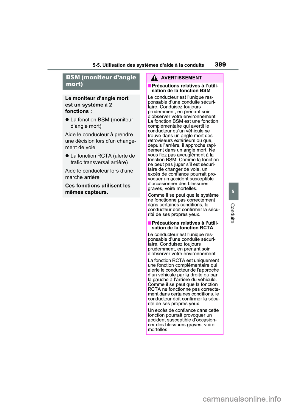 TOYOTA RAV4 PRIME 2021 Manuel du propriétaire (in French) 3895-5. Utilisation des systèmes d’aide à la conduite
5
Conduite
BSM (moniteur d’angle
mort)
Le moniteur d’angle mort
est un système à 2
fonctions :
La fonction BSM (moniteur
d’angl TOYOTA RAV4 PRIME 2021 Manuel du propriétaire (in French) 3895-5. Utilisation des systèmes d’aide à la conduite
5
Conduite
BSM (moniteur d’angle
mort)
Le moniteur d’angle mort
est un système à 2
fonctions :
La fonction BSM (moniteur
d’angl