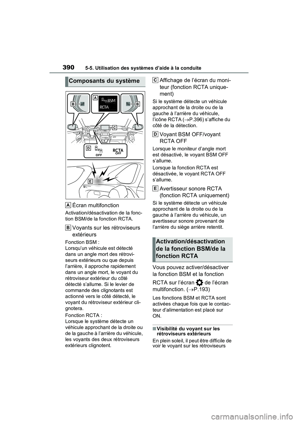 TOYOTA RAV4 PRIME 2021 Manuel du propriétaire (in French) 3905-5. Utilisation des systèmes d’aide à la conduite
Écran multifonction
Activation/désactivation de la fonc-
tion BSM/de la fonction RCTA.
Voyants sur les rétroviseurs
extérieurs
Fonction B TOYOTA RAV4 PRIME 2021 Manuel du propriétaire (in French) 3905-5. Utilisation des systèmes d’aide à la conduite
Écran multifonction
Activation/désactivation de la fonc-
tion BSM/de la fonction RCTA.
Voyants sur les rétroviseurs
extérieurs
Fonction B