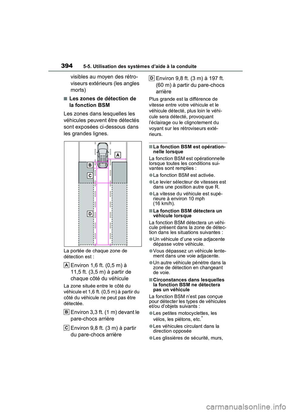 TOYOTA RAV4 PRIME 2021 Manuel du propriétaire (in French) 3945-5. Utilisation des systèmes d’aide à la conduite
visibles au moyen des rétro-
viseurs extérieurs (les angles
morts)
■Les zones de détection de
la fonction BSM
Les zones dans lesquelles TOYOTA RAV4 PRIME 2021 Manuel du propriétaire (in French) 3945-5. Utilisation des systèmes d’aide à la conduite
visibles au moyen des rétro-
viseurs extérieurs (les angles
morts)
■Les zones de détection de
la fonction BSM
Les zones dans lesquelles