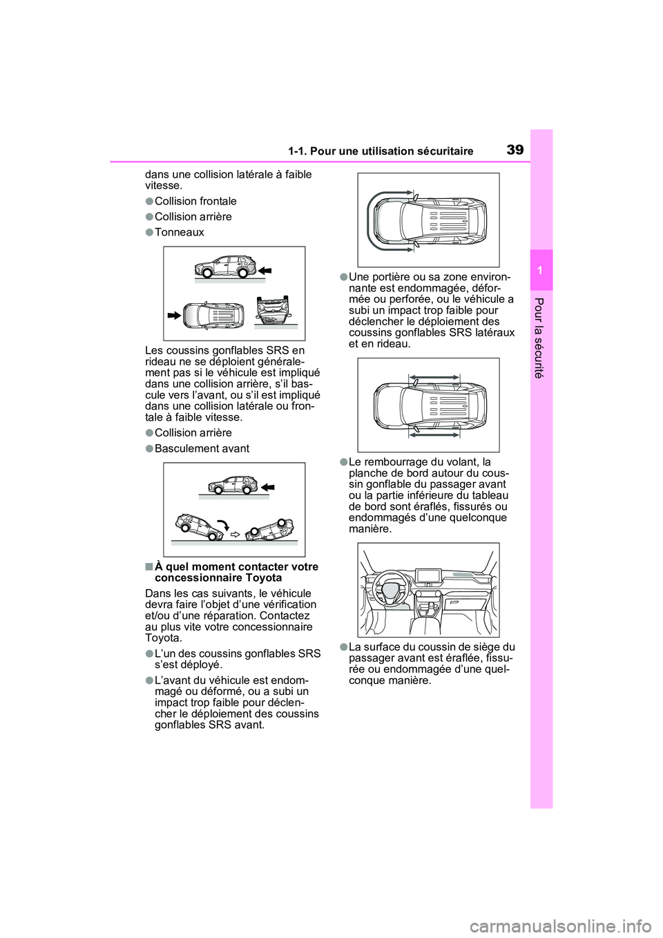 TOYOTA RAV4 PRIME 2021 Manuel du propriétaire (in French) 391-1. Pour une utilisation sécuritaire
1
Pour la sécurité
dans une collision latérale à faible
vitesse.
●Collision frontale
●Collision arrière
●Tonneaux
Les coussins gonflables SRS en
r TOYOTA RAV4 PRIME 2021 Manuel du propriétaire (in French) 391-1. Pour une utilisation sécuritaire
1
Pour la sécurité
dans une collision latérale à faible
vitesse.
●Collision frontale
●Collision arrière
●Tonneaux
Les coussins gonflables SRS en
r