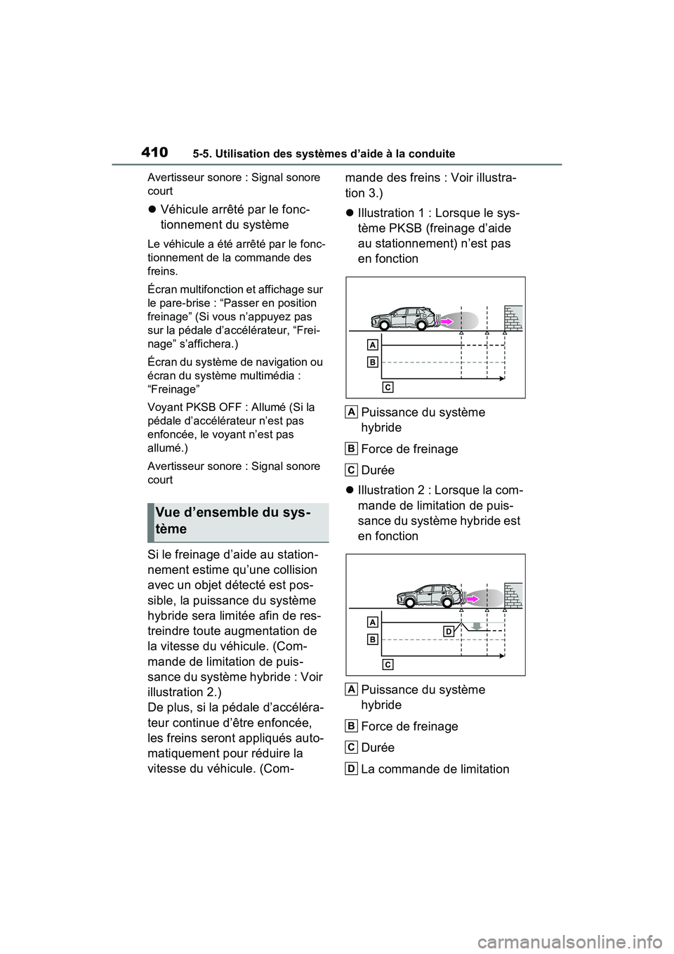 TOYOTA RAV4 PRIME 2021  Manuel du propriétaire (in French) 4105-5. Utilisation des systèmes d’aide à la conduite
Avertisseur sonore : Signal sonore 
court
Véhicule arrêté par le fonc-
tionnement du système
Le véhicule a été arrêté par le fonc-