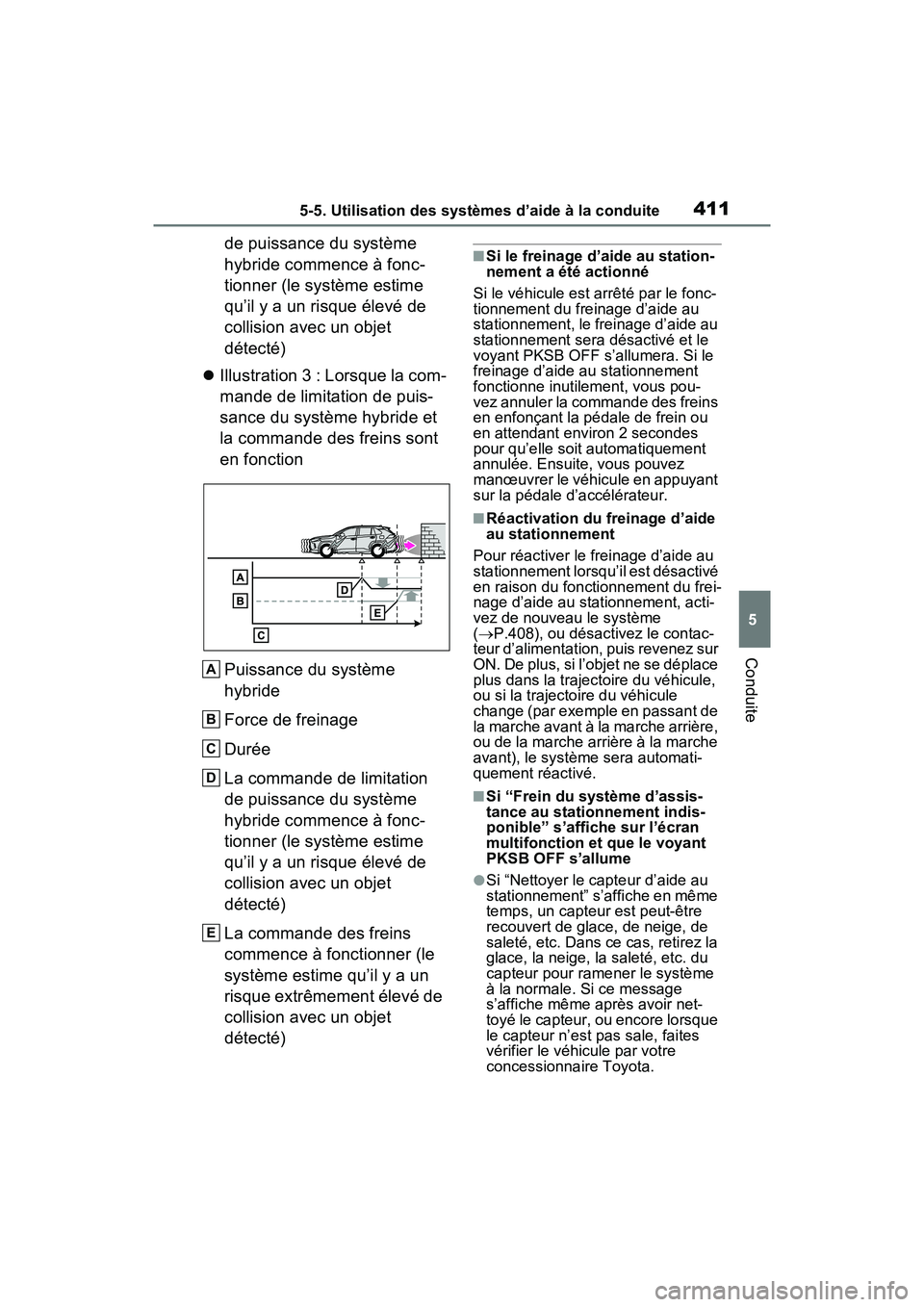 TOYOTA RAV4 PRIME 2021  Manuel du propriétaire (in French) 4115-5. Utilisation des systèmes d’aide à la conduite
5
Conduite
de puissance du système 
hybride commence à fonc-
tionner (le système estime 
qu’il y a un risque élevé de 
collision avec u