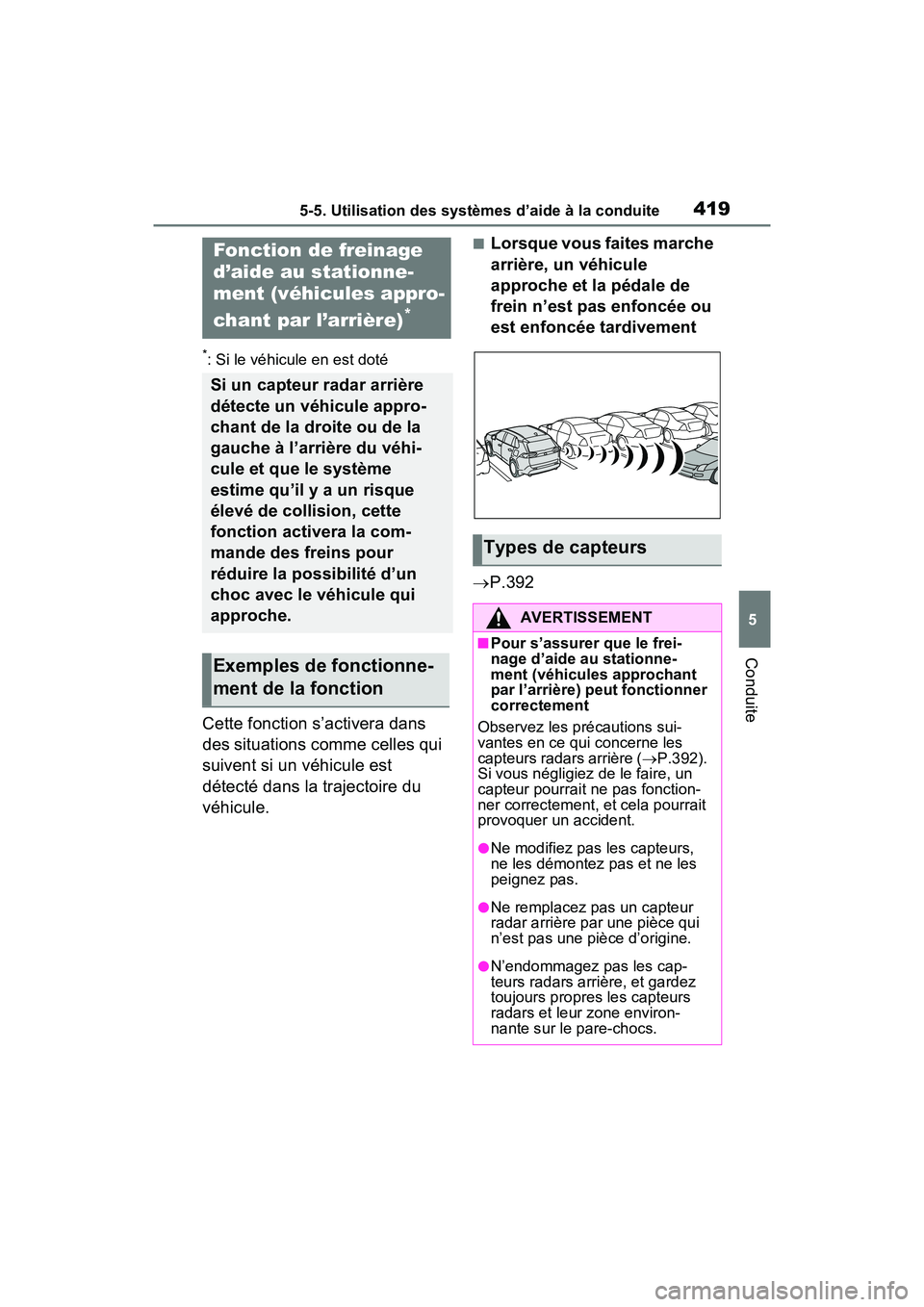 TOYOTA RAV4 PRIME 2021 Manuel du propriétaire (in French) 4195-5. Utilisation des systèmes d’aide à la conduite
5
Conduite
*: Si le véhicule en est doté
Cette fonction s’activera dans
des situations comme celles qui
suivent si un véhicule est
dé TOYOTA RAV4 PRIME 2021 Manuel du propriétaire (in French) 4195-5. Utilisation des systèmes d’aide à la conduite
5
Conduite
*: Si le véhicule en est doté
Cette fonction s’activera dans
des situations comme celles qui
suivent si un véhicule est
dé