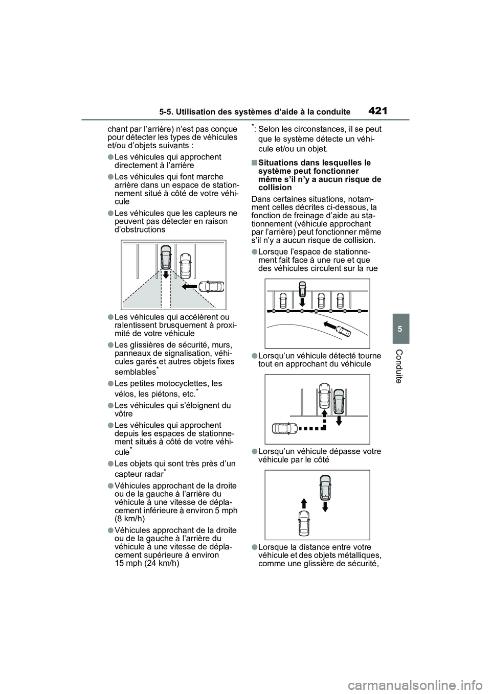 TOYOTA RAV4 PRIME 2021 Manuel du propriétaire (in French) 4215-5. Utilisation des systèmes d’aide à la conduite
5
Conduite
chant par l’arrière) n’est pas conçue
pour détecter les types de véhicules
et/ou d’objets suivants :
●Les véhicules TOYOTA RAV4 PRIME 2021 Manuel du propriétaire (in French) 4215-5. Utilisation des systèmes d’aide à la conduite
5
Conduite
chant par l’arrière) n’est pas conçue
pour détecter les types de véhicules
et/ou d’objets suivants :
●Les véhicules