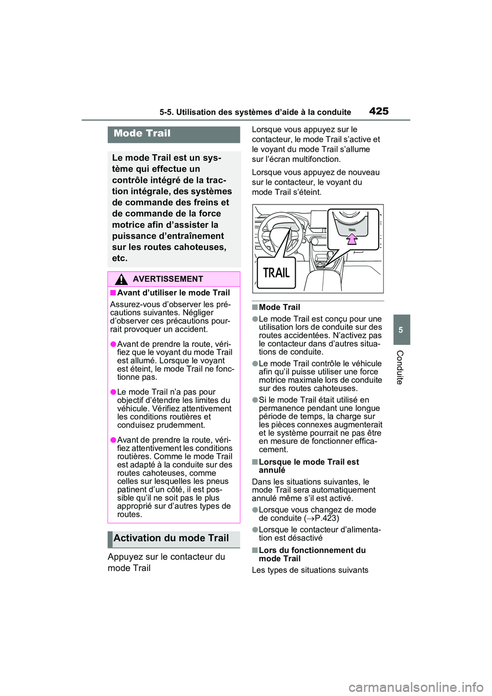 TOYOTA RAV4 PRIME 2021 Manuel du propriétaire (in French) 4255-5. Utilisation des systèmes d’aide à la conduite
5
Conduite
Appuyez sur le contacteur du
mode Trail
Lorsque vous appuyez sur le
contacteur, le mode Trail s’active et
le voyant du mode Tr TOYOTA RAV4 PRIME 2021 Manuel du propriétaire (in French) 4255-5. Utilisation des systèmes d’aide à la conduite
5
Conduite
Appuyez sur le contacteur du
mode Trail
Lorsque vous appuyez sur le
contacteur, le mode Trail s’active et
le voyant du mode Tr