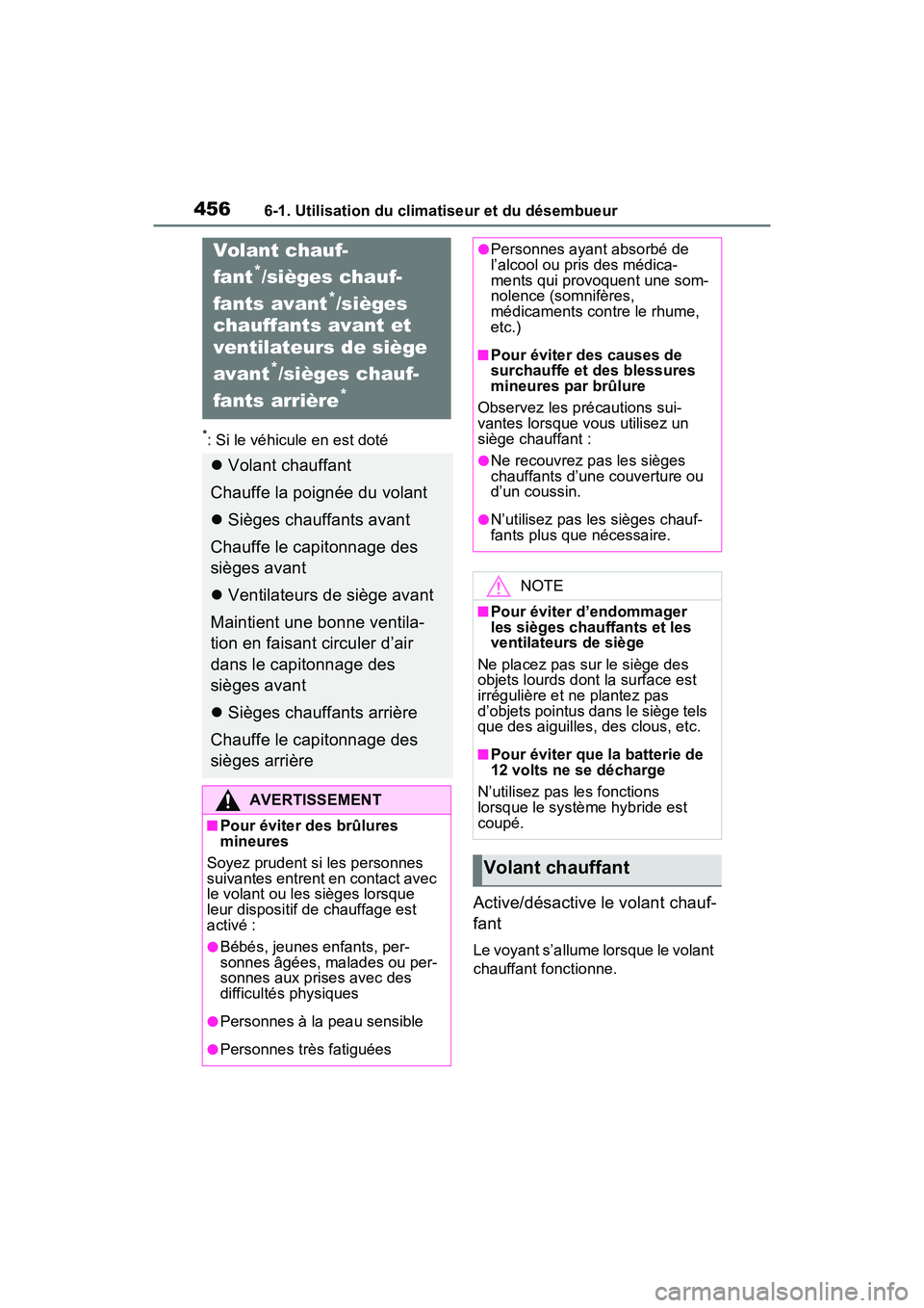 TOYOTA RAV4 PRIME 2021 Manuel du propriétaire (in French) 4566-1. Utilisation du climatiseur et du désembueur
*: Si le véhicule en est doté
Active/désactive le volant chauf-
fant
Le voyant s’allume lorsque le volant
chauffant fonctionne.
Volant chauf- TOYOTA RAV4 PRIME 2021 Manuel du propriétaire (in French) 4566-1. Utilisation du climatiseur et du désembueur
*: Si le véhicule en est doté
Active/désactive le volant chauf-
fant
Le voyant s’allume lorsque le volant
chauffant fonctionne.
Volant chauf-